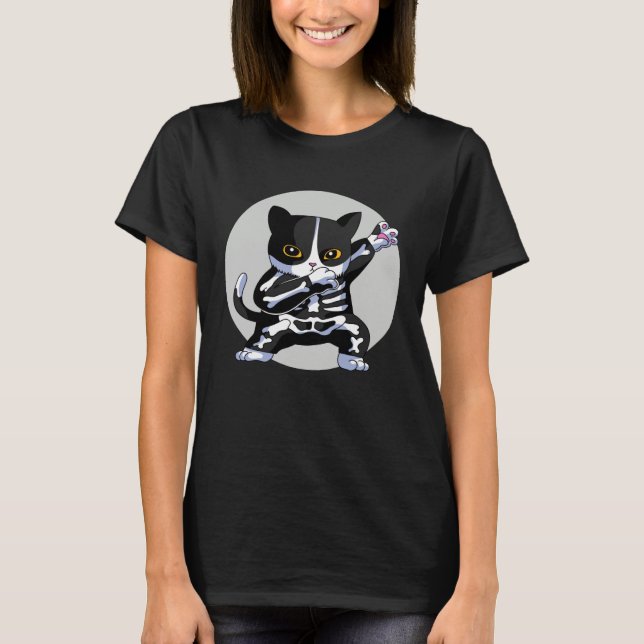 T-shirt Cool Halloween Cat Dabbing with Skeleton furry (Devant)
