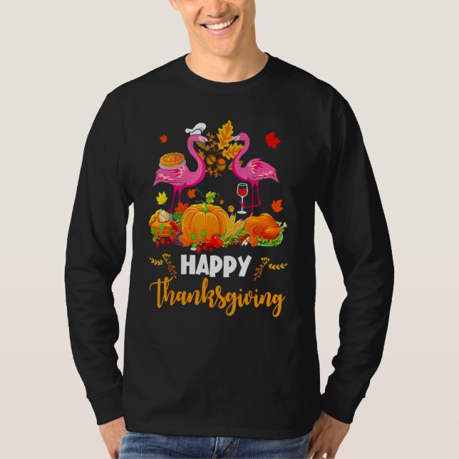 T-shirt Cool Happy Thanksgiving Flamingo Drinking Wine (Devant)