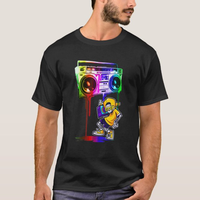 T-shirt Cool Hip Hop Cute Music Skull Boombox Funny (Devant)