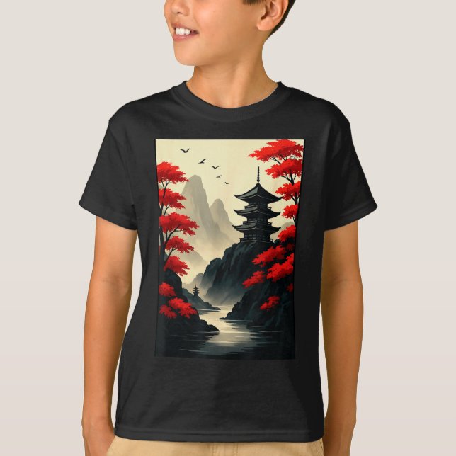 T-shirt Cool Japanese Pagoda Castle Mountain Landscape Gra (Devant)