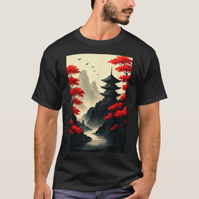 T-shirt Cool Japanese Pagoda Castle Mountain Landscape Gra (Devant)