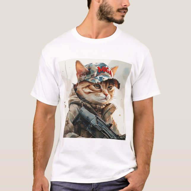 T-shirt Cool MAGA Chat avec pistolet et Camouflage mou (Devant)