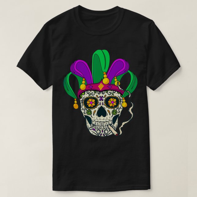T-shirt Cool Mardi Gras Candy Crâne portant Mardi Gras Cas (Design devant)