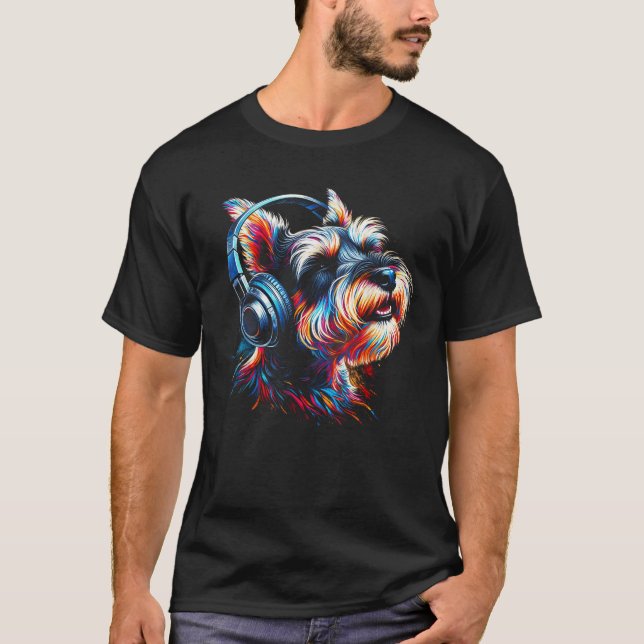 T-shirt Cool Miniature Schnauzer Dog Headphone Music Art C (Devant)