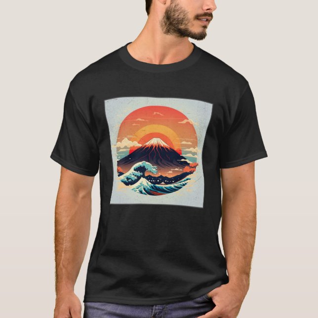 T-shirt Cool Mt Fuji Big Waves Illustration Sea Sunset Wom (Devant)