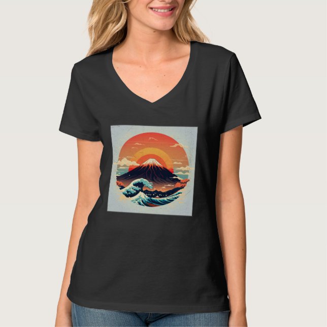 T-shirt Cool Mt Fuji Big Waves Illustration Sea Sunset Wom (Devant)