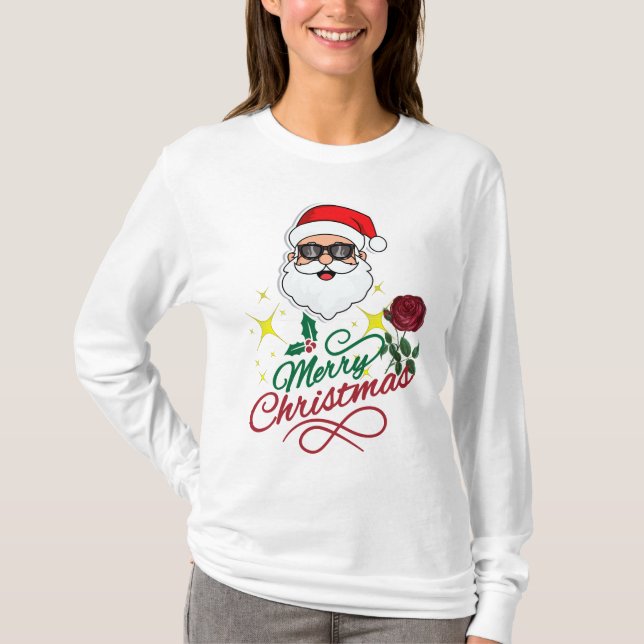 T-shirt Cool Père Noël Joyeux Noël avec Rose & Holly (Devant)