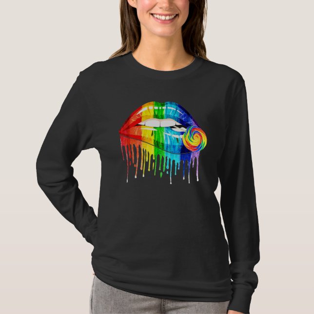 T-shirt Cool Rainbow Lips Biting Candy  Lgbt Les Gay Pride (Devant)