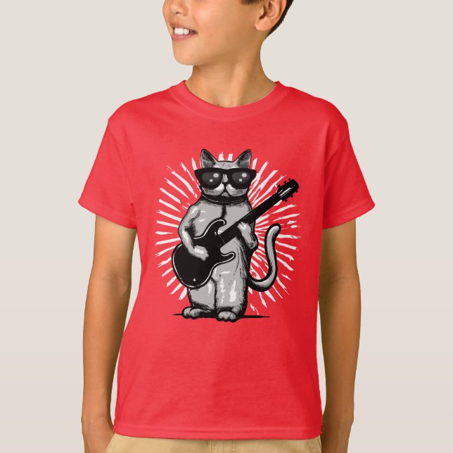 T-shirt Cool Rock Et Rouleau Chat Jouer Guitare Électrique (Devant)