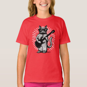 T-shirt Cool Rock Et Rouleau Chat Jouer Guitare Électrique