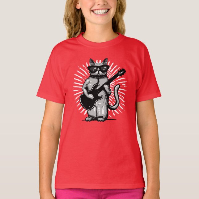 T-shirt Cool Rock Et Rouleau Chat Jouer Guitare Électrique (Devant)