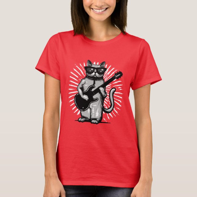 T-shirt Cool Rock Et Rouleau Chat Jouer Guitare Électrique (Devant)