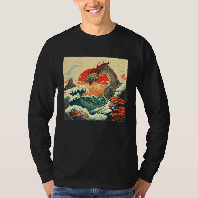 T-shirt Cool Sea Dragon Illustration Ocean Waves Sunset Wo (Devant)