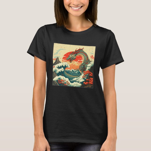 T-shirt Cool Sea Dragon Illustration Ocean Waves Sunset Wo (Devant)