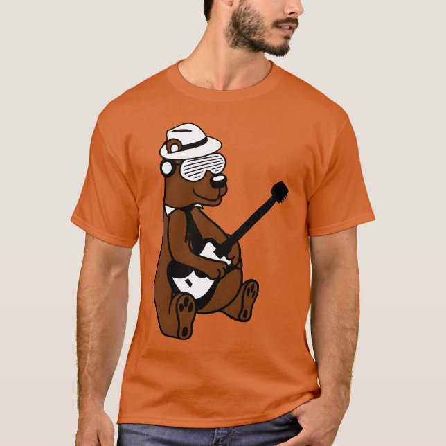T-shirt Cool Sitting Grizzly Brown Bear Playing Guitar Fun (Devant)