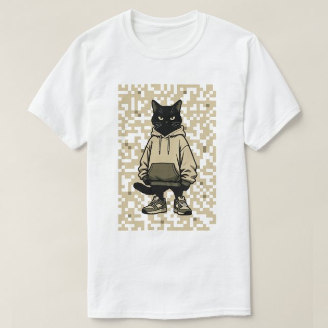 T-shirt Cool Streetwear Black Cat in Hoodie: Pixelated Urb (Design devant)