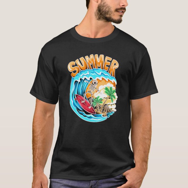T-shirt Cool Surf Skeleton Surfer Plage de nage Waves W (Devant)