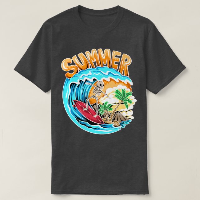 T-shirt Cool Surf Skeleton Surfer Plage de nage Waves W (Design devant)