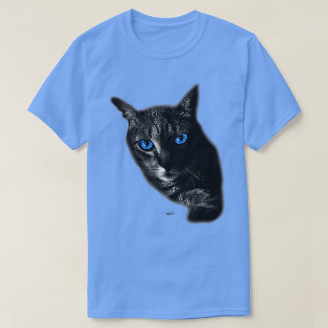 T-shirt Cool tabby cat face with blue eyes on black  (Design devant)