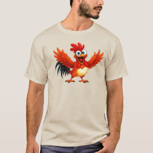 T-shirt Coq cartoon joyeux aux plumes rouges éclatantes.