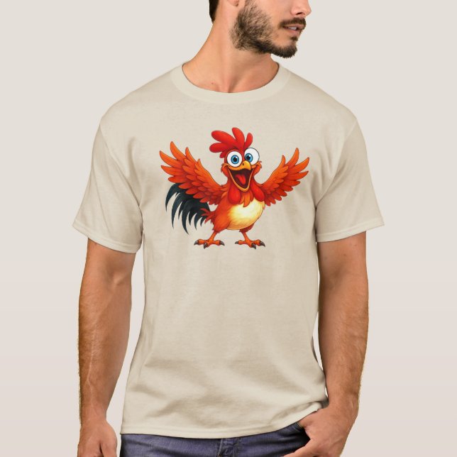 T-shirt Coq cartoon joyeux aux plumes rouges éclatantes. (Devant)