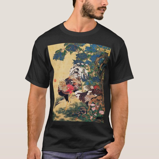 T-shirt Coq et Hen avec Hydrangeas par Ito Jakuchu (Devant)