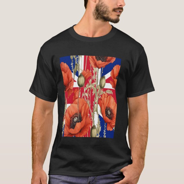 T-shirt Coquelicots rouges avec fond Union Jack (Devant)