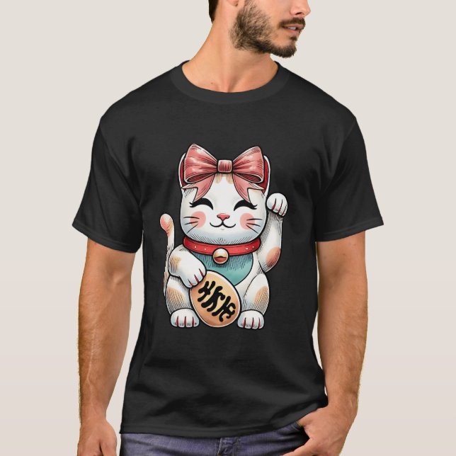 T-shirt Coquette Bow Maneki Neko Chat japonais Lucky Rose  (Devant)