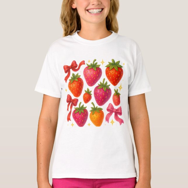 T-shirt Coquette bow strawberry png｜Boho strawberry coquet (Devant)