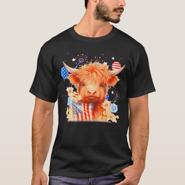 T-shirt Coquette Highland Cow 4 juillet Patriotique Cute A (Devant)