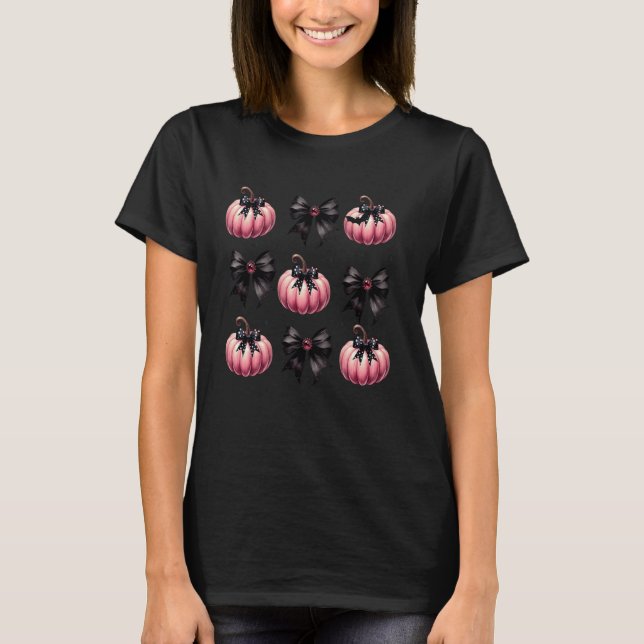 T-shirt Coquette noire Citrouille rose mignonne Bows Hallo (Devant)