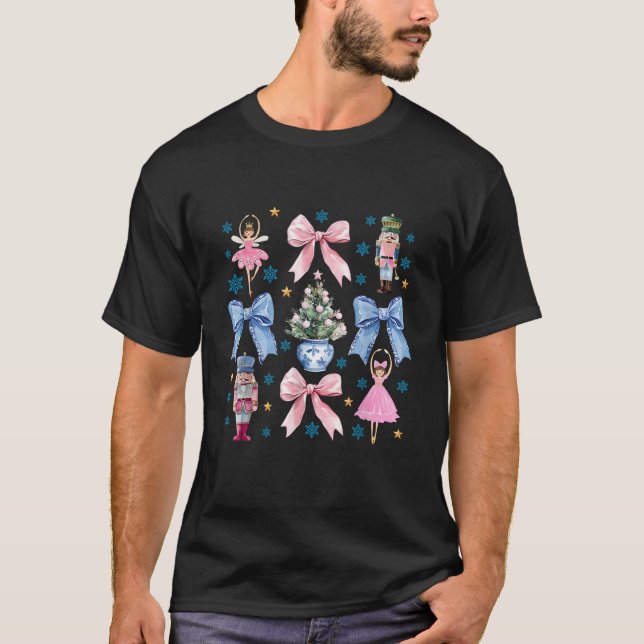 T-shirt Coquette Pink Blue Bow Nutcracker Xmas Joyeux Chri (Devant)