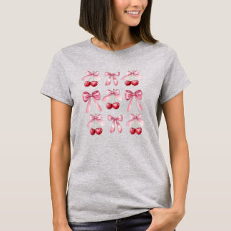 T-shirt Coquette Pink Bows and Cherries Watercolor Aesthet