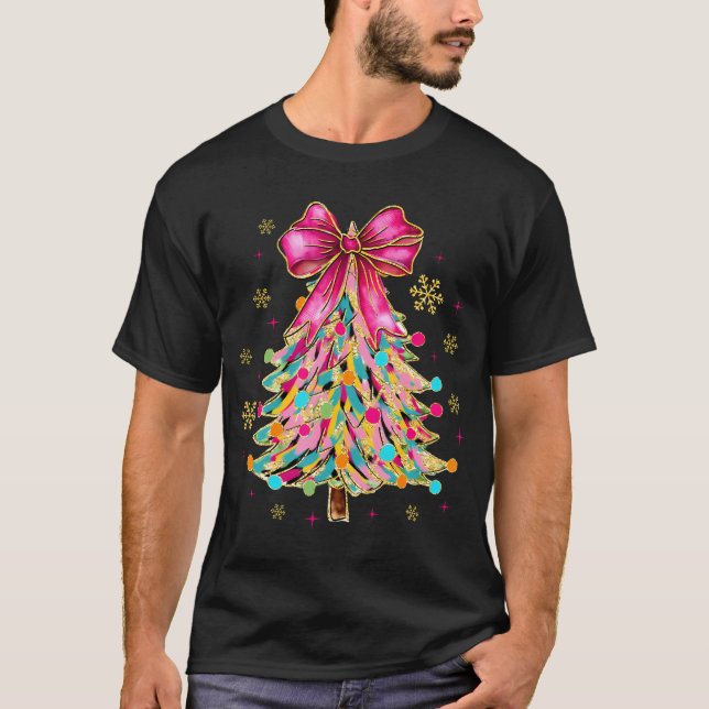 T-shirt Coquette rose Bow Noël Arbre de Noël Cadeaux Femme (Devant)