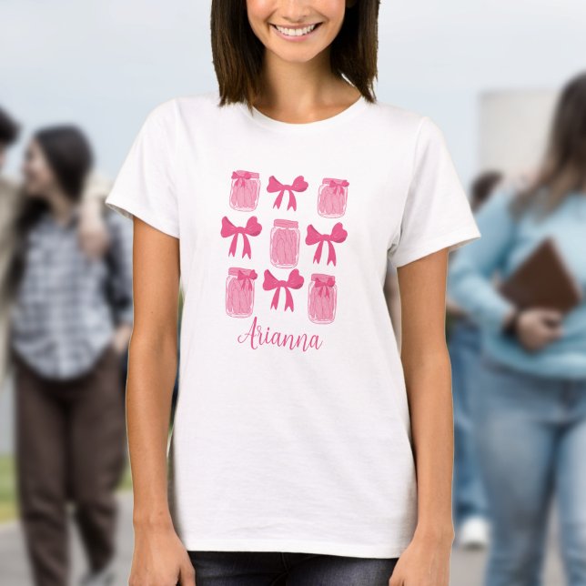 T-shirt Coquette rose chaud Pickle Jar et Bow Personnalisé (Hot Pink Coquette Pickle Jar and Bow Personalized T-shirt)