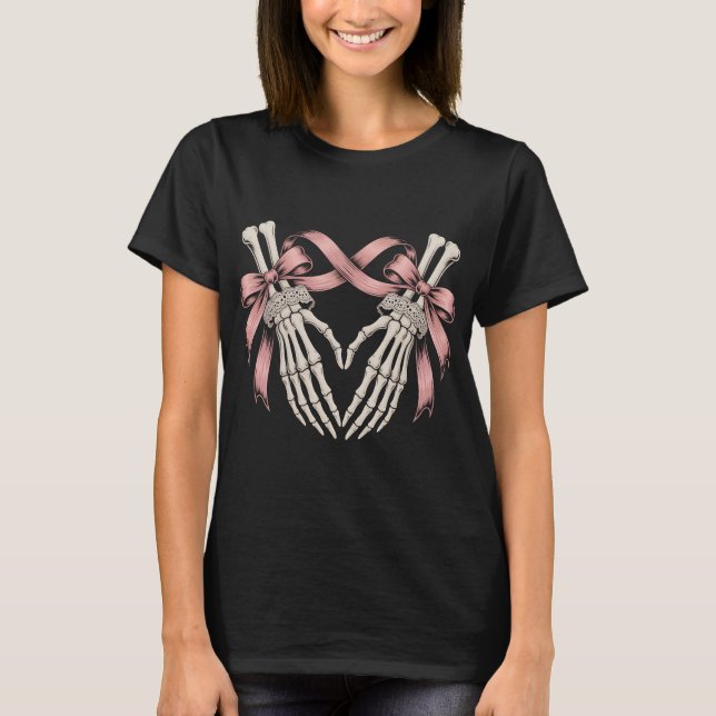 T-shirt Coquette Skeleton Hands Heart Pink Bows Pastel Got (Devant)