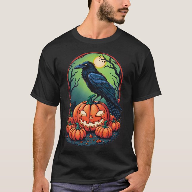 T-shirt Corbeau d'Halloween dans un Patch Citrouille (Devant)