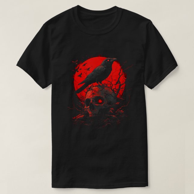 T-shirt Corbeau gothique noir crâne Lune rouge Corbeau (Design devant)