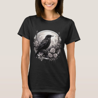 T-shirt Corbeau & Lune & Fleurs Crow gothique noir & blanc