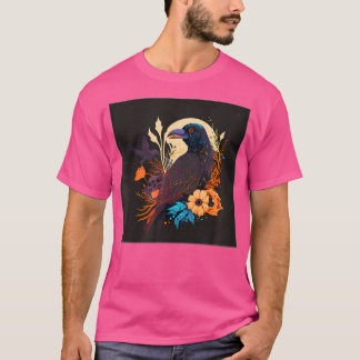 T-shirt Corbeau noir Corbeau crâne Lune Oiseau floral Wicc
