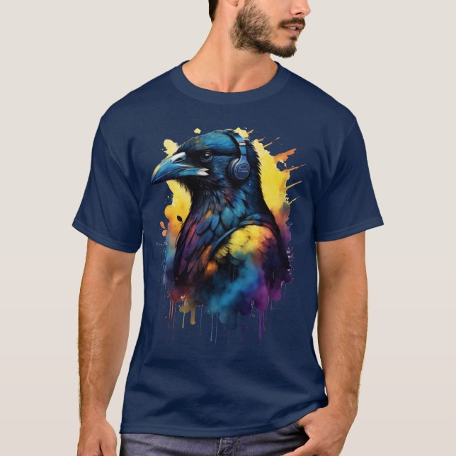 T-shirt Corbeau Noir Oiseau Portant un casque (Devant)