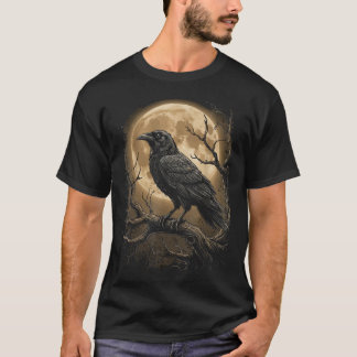T-shirt Corbeau Rose Lune Écran Noir Gothique Épeurant