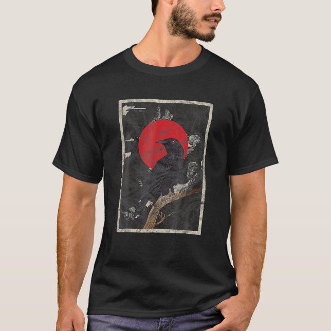 T-shirt Corbeau rouge Lune Graphique Crow Noir Design (Devant)