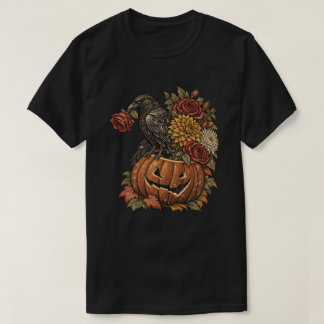 T-shirt Corbeau vintage sur citrouille avec fleurs d'autom