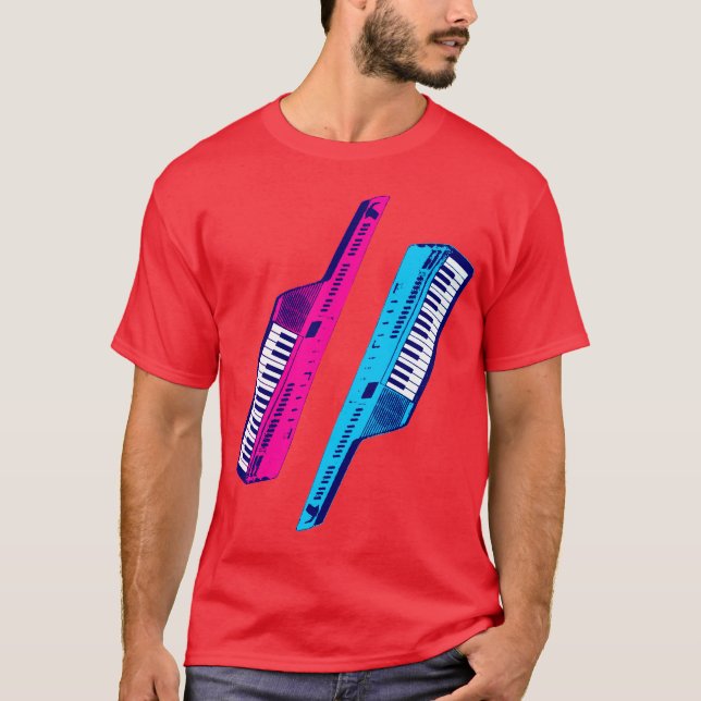 T-shirt Corey Tiger 80's Retro Keytar rose & bleu (Devant)