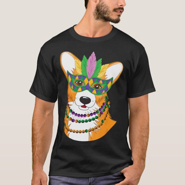 T-shirt Corgi Avec Mardi Gras Perles Collier Masque Chien (Devant)