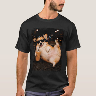 T-shirt Corgi Buvant du Café Glacé Amateur d'Humour Mème D