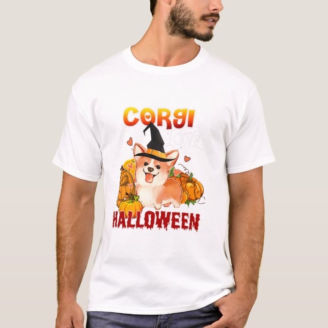 T-shirt Corgi Chien Love Citrouille sorcier (Devant)