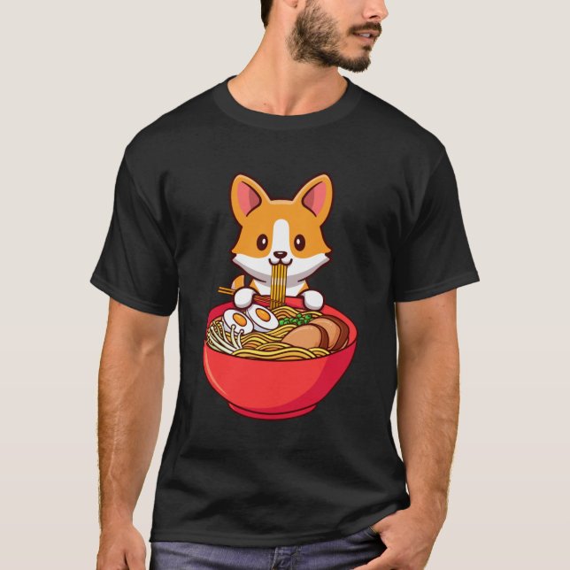 T-shirt Corgi Chien Manger Ramen Cute Kawaii Noodles Anime (Devant)