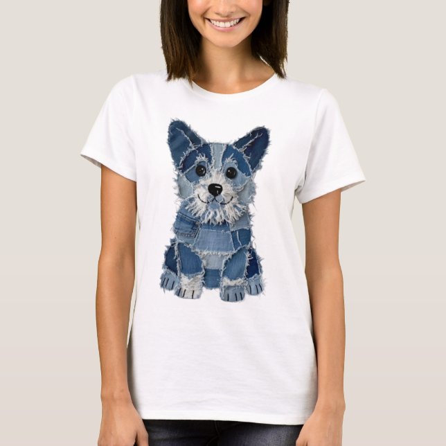 T-shirt Corgi Chien Patchwork en Denim (Devant)